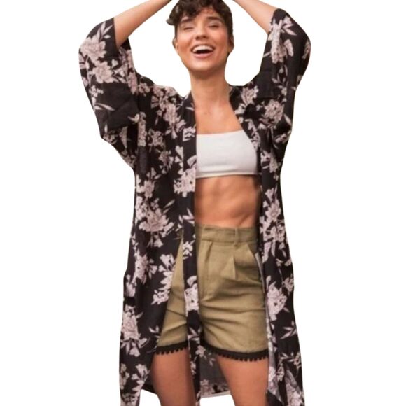 Spiritual Gangster Robe Coverup Long Kimono Black Floral Print Lightweight - Picture 1 of 11